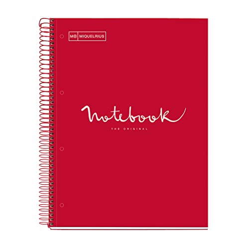 Miquelrius - Notizbuch A4 Notebook Emotions, 120 Blatt 90 g/m², Streifen Horizontale 7 mm, 5 Farbige Streifen, Mikroperforierte Spirale, Extra fester Einband, 4 Löcher, Farbe Rot von Miquelrius