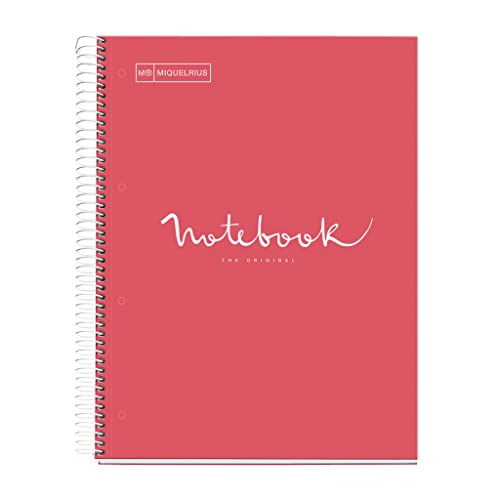 Miquelrius - Notizbuch A4 Punkte Notebook, 1 farbiger Streifen, 80 Blatt liniert mit Punkten (Dots), Papier 90 g/m² mikroperforiert mit 4 Bohrungen für 4 Ringe, Einband aus Karton, Farbe Koralle von Miquelrius