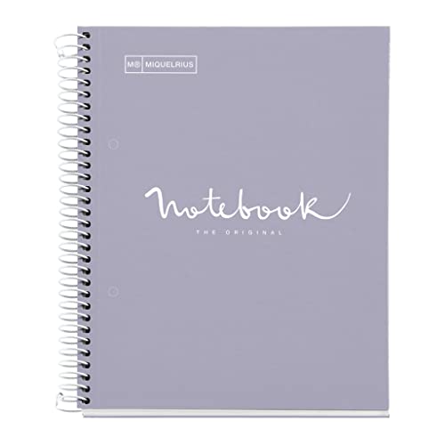 Miquelrius - Notizbuch A5 Notebook, 1 farbiger Streifen, 80 Blatt mit raster 5 x 5 mm, Papier 90 g/m² mikroperforiert mit 2 Bohrungen für 2 Ringe, Einband aus Karton, Farbe Grau von Miquelrius