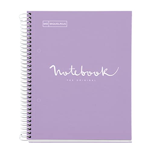Miquelrius - Notizbuch A5 Notebook, 1 farbiger Streifen, 80 Blatt mit raster 5 x 5 mm, Papier 90 g/m² mikroperforiert mit 2 Bohrungen für 2 Ringe, Einband aus Karton, Farbe Lavendel von Miquelrius