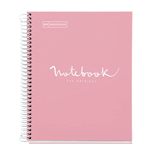 Miquelrius - Notizbuch A5 Notebook, 1 farbiger Streifen, 80 Blatt mit raster 5 x 5 mm, Papier 90 g/m² mikroperforiert mit 2 Bohrungen für 2 Ringe, Einband aus Karton, Farbe Rosa von Miquelrius