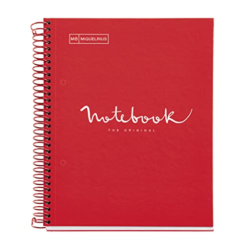 Miquelrius - Notizbuch A5 Notebook, 1 farbiger Streifen, 80 Blatt mit raster 5 x 5 mm, Papier 90 g/m² mikroperforiert mit 2 Bohrungen für 2 Ringe, Einband aus Karton, Farbe Rot von Miquelrius