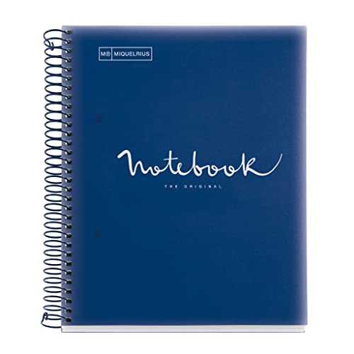 Miquelrius - Notizbuch A5 Notebook Emotions, 120 Blatt 90 g/m², Horizontale Streifen 7 mm, 5 Farbige Streifen, Mikroperforierte Spirale, Polypropyleneinband, Marineblau von Miquelrius