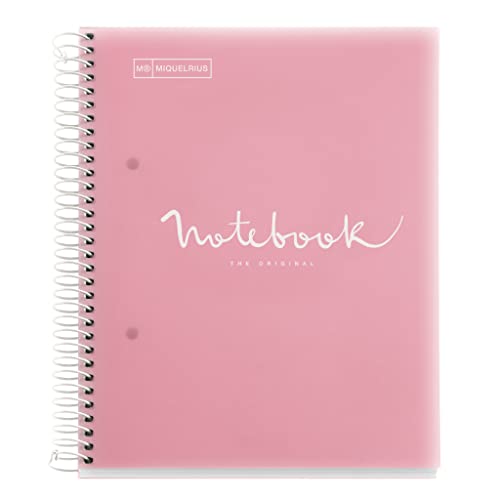 Miquelrius - Notizbuch A5 Notebook Emotions, 120 Blatt 90 g/m², Horizontale Streifen 7 mm, 5 Farbige Streifen, Mikroperforierte Spirale, Polypropyleneinband, Rosa von Miquelrius