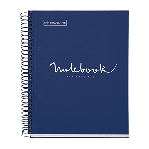 Miquelrius - Notizbuch A5 Notebook Emotions, 120 Blatt 90 g/m², Raster 5 x 5 mm, 5 Farbige Streifen, Mikroperforierte Spirale, Extra fester Einband, 2 Löcher, Farbe Marineblau von Miquelrius