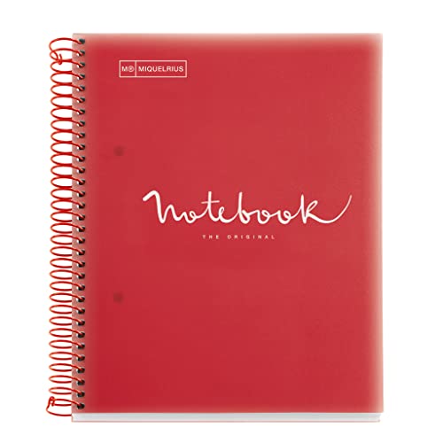 Miquelrius - Notizbuch A5 Notebook Emotions, 120 Blatt 90 g/m², Raster 5 x 5 mm, 5 Farbige Streifen, Mikroperforierte Spirale, Polypropyleneinband, Rot von Miquelrius