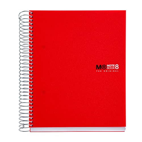 Miquelrius - Notizbücher A5 The Original Notebook, 8 farbige Streifen, Polypropylen-Einband, Format A5 (148 x 210 mm), 2-Loch-Lochung, 200 Blatt mit 70 g/m², Horizontale Streifen 7 mm, Rot von Miquelrius