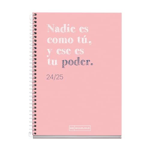 Miquelrius Schülerkalender 2024-2025, September 2024 bis Juni 2025, Größe 117 x 174 mm, Tagesansicht, Umschlag aus Karton, Spiralbindung, Weiß, Spanisch und Englisch, Rosa von Miquelrius