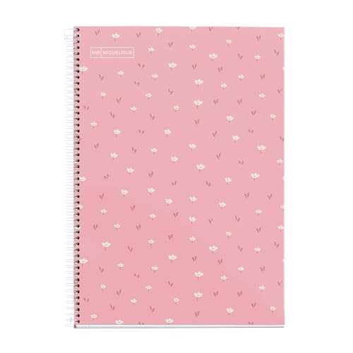 Miquelrius - Schulheft 4x4 mm, Folio-Format (215 x 309 mm), 80 Blatt 90 g/m², kariert 4 x 4 mm mit Rand, Spiralbindung, Hardcover, Design rosa Blumen von Miquelrius