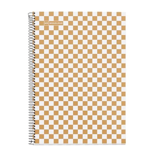 Miquelrius - Schulheft 4x4 mm, Format Folio (215 x 309 mm), 80 Blatt 90 g/m², kariert 4x4 mm mit Rand, Spiralbindung, Hardcover, Senf Damier Design von Miquelrius