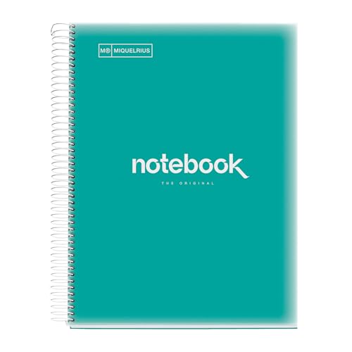 Miquelrius - Notizbuch A4 Notizblock Emotionen, 160 Seiten 90 g/m², Raster 5 x 5 mm, 8 farbige Streifen, Mikroperforierte Spirale, Polypropyleneinband, 4-Loch-Lochung, Raster Notizbuch, Türkis von Miquelrius