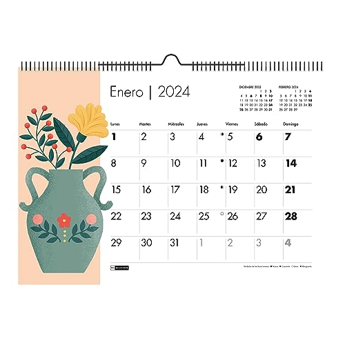Miquelrius - Wandkalender 2024, Größe A3: 420 x 296 mm, mit Platz zum Notieren, Doppelspiralbindung, Spanisch, Pfingstrosen-Design, Vasen von Miquelrius