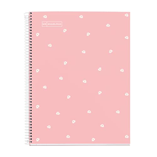 Novilla Miquelrius – A4-Notizbuch, 1 Farbstreifen, 80 Blatt 7 mm horizontal liniert, 90 g/m² Papier, 4 Löcher, hartlaminierter Einband, Farbe Pink Daisy von Miquelrius