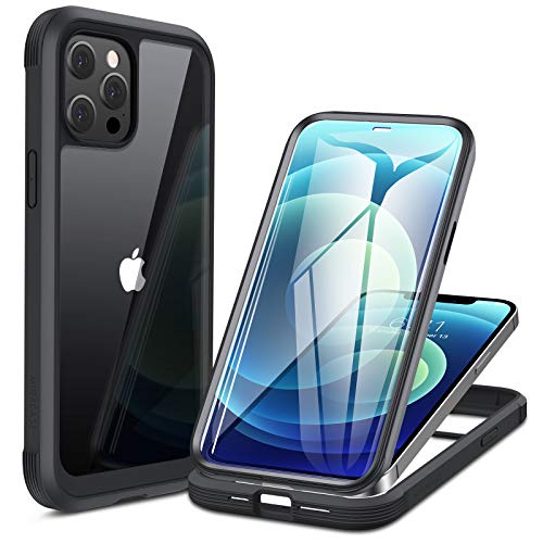 Miracase 360 Grad Hülle Kompatibel mit iPhone 12/12 Pro (6.1 Zoll), Ganzkörper Schutzhülle mit eingebauter Glas Displayschutzfolie, Stoßfeste Fullbody Handyhülle, Schwarz von Miracase