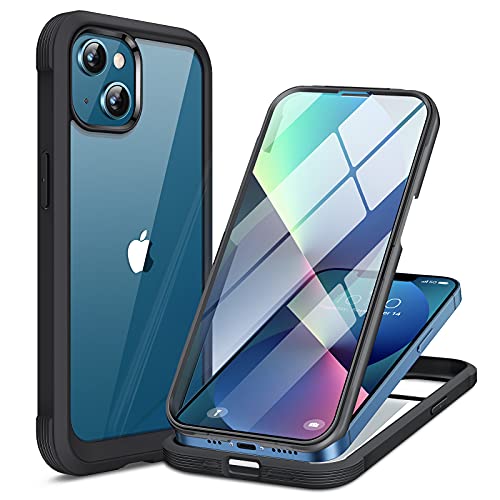 Miracase 360 Grad für iPhone 13 Hülle mit Eingebaut Glas Panzerfolie Ganzkörper Handyhülle, Komplettschutz Glas Hardcase Vorne und Hinten Schutzhüllen für iPhone 13 (6.1), Schwarz von Miracase