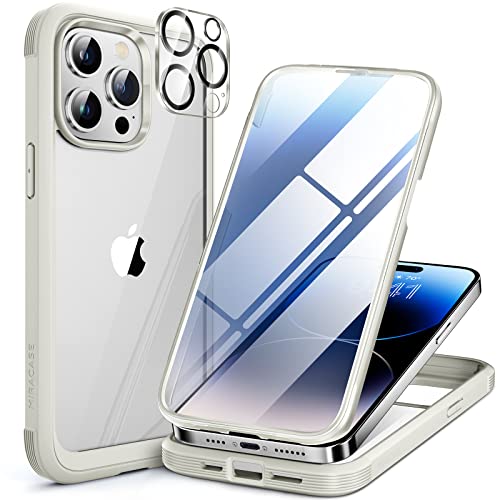 Miracase 360 Grad für iPhone 14 Pro Max Hülle mit Eingebaut Glas Schutzfolie, Komplettschutz HandyHülle Stoßfest Case für iPhone 14 Pro Max Schutzhüllen 6,7 Zoll, Reis Weiß von Miracase