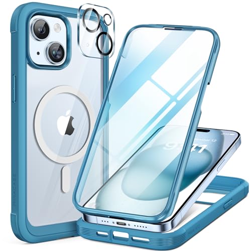 Miracase 360 Grad für iPhone 15 Hülle Magnetisch mit Eingebaut Glas Schutzfolie und Kameraschutz, Stoßfest Komplettschutz Handyhülle für iPhone 15 Schutzhüllen 6,1 Zoll, Blau von Miracase