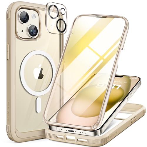 Miracase 360 Grad für iPhone 15 Hülle Magnetisch mit Eingebaut Glas Schutzfolie und Kameraschutz, Stoßfest Komplettschutz Handyhülle für iPhone 15 Schutzhüllen 6,1 Zoll, Hellgelb von Miracase