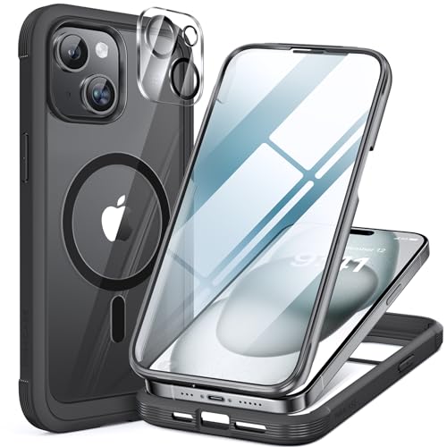 Miracase 360 Grad für iPhone 15 Hülle mit Magsafe, Eingebaut Glas Schutzfolie, Komplettschutz HandyHülle Magnetisch Stoßfest Case für iPhone 15 Schutzhüllen 6,1 Zoll, Schwarz von Miracase