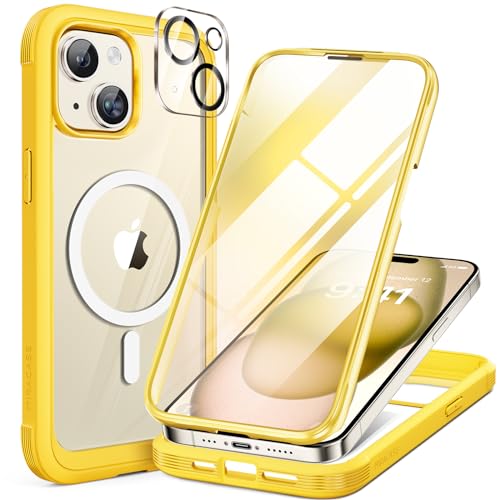 Miracase 360 Grad für iPhone 15 Plus Hülle mit Eingebaut Glas Schutzfolie und Kameraschutz, Stoßfest Komplettschutz Handyhülle für iPhone 15 Plus Schutzhüllen 6,7 Zoll, Gelb von Miracase
