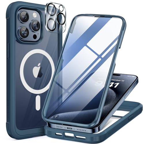 Miracase 360 Grad für iPhone 15 Pro Hülle Magnetisch mit Eingebaut Glas Schutzfolie und Kameraschutz, Komplettschutz Handyhülle für iPhone 15 Pro Schutzhüllen 6,1 Zoll, Blau von Miracase