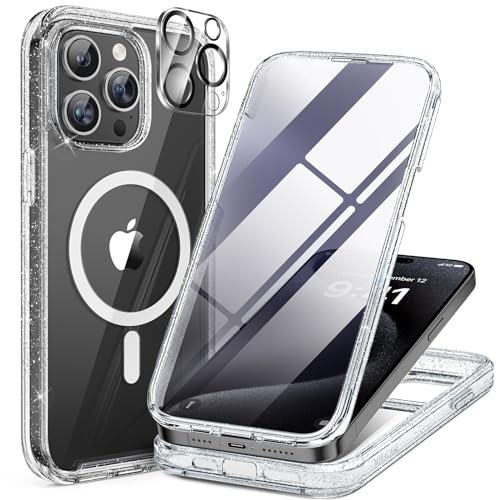 Miracase 360 Grad für iPhone 15 Pro Hülle Magnetisch mit Eingebaut Glas Schutzfolie und Kameraschutz, Stoßfest Komplettschutz Handyhülle für iPhone 15 Pro Schutzhüllen 6,1 Zoll, Klar Glitzerpulver von Miracase