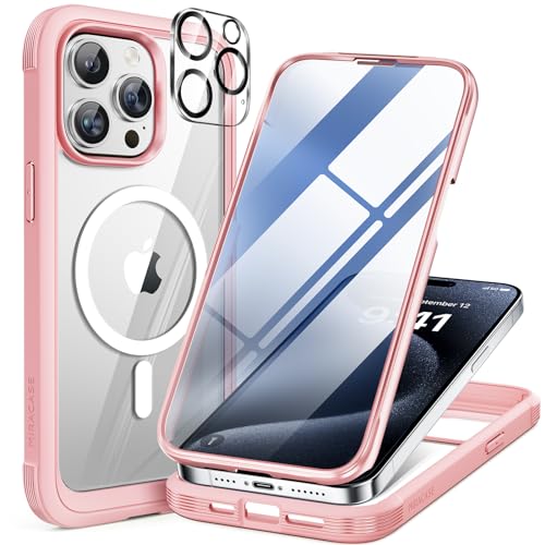 Miracase 360 Grad für iPhone 15 Pro Hülle Magnetisch mit Eingebaut Glas Schutzfolie und Kameraschutz, Stoßfest Komplettschutz Handyhülle für iPhone 15 Pro Schutzhüllen 6,1 Zoll, Rosa von Miracase