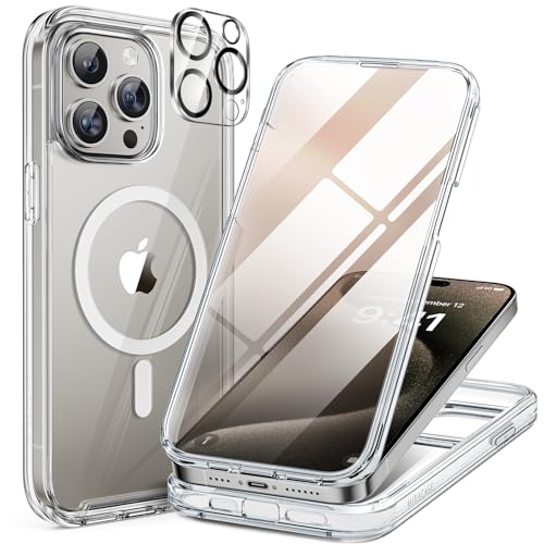 Miracase 360 Grad für iPhone 15 Pro Hülle Magnetisch mit Eingebaut Glas Schutzfolie und Kameraschutz, Stoßfest Komplettschutz Handyhülle für iPhone 15 Pro Schutzhüllen 6,1 Zoll, Transparent von Miracase