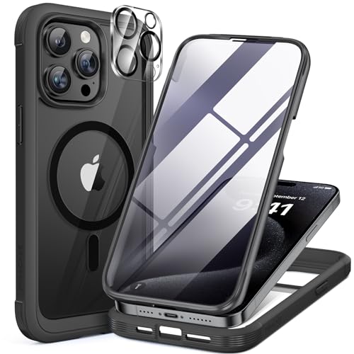 Miracase 360 Grad für iPhone 15 Pro Hülle mit Magsafe, Eingebaut Glas Schutzfolie, Komplettschutz HandyHülle Magnetisch Stoßfest Case für iPhone 15 Pro Schutzhüllen 6,1 Zoll, Schwarz von Miracase
