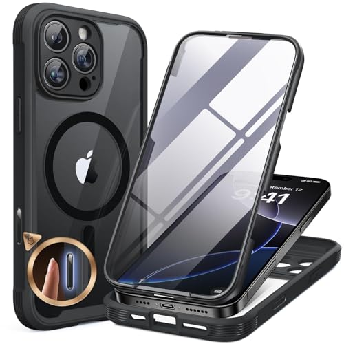 Miracase 360 Grad für iPhone 16 Pro Max Hülle 6,9 Zoll mit Magsafe, Eingebaut Glas Schutzfolie Komplettschutz HandyHülle Magnetisch Stoßfest Case für iPhone 16 Pro Max Schutzhüllen, Schwarz von Miracase
