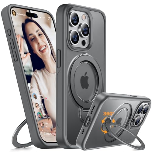 Miracase Hülle für iPhone 15 Pro Max Case 360° Ständer Handyhülle Keine Fingerabdrücke Handyhülle für MagSafe 15 Pro Max 6,7 Zoll Matt Stoßfest Schutzhülle (Grau) von Miracase