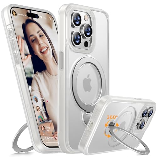 Miracase 360° Ständer mit iPhone 15 Pro Max Hülle Keine Fingerabdrücke [Extra Militärschutz & Magnetkraft] Handyhülle für MagSafe Dünn Griffig Matt Stoßfest Schutzhülle (Transparent) von Miracase