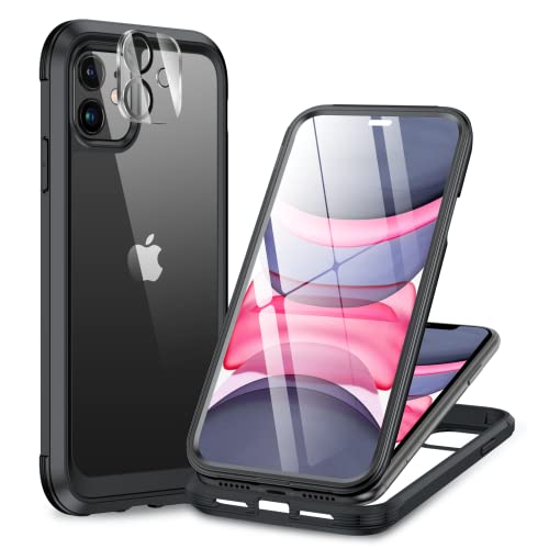 Miracase Glas Serie 360 Grad Hülle für iPhone 11, Vollständigem Kameraschutz, Schutzhülle mit Militärschutz, Stoßfest, sturzsicher, Kratzfest, antifinger Handyhülle, Schwarz von Miracase