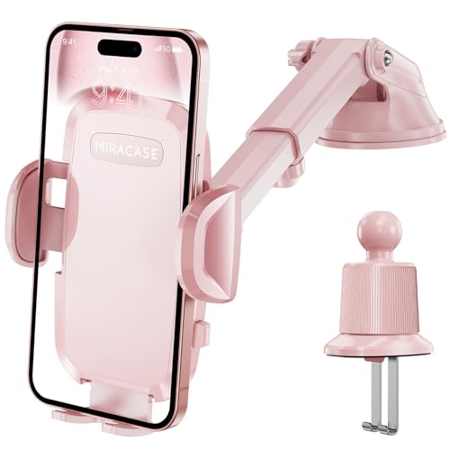 Miracase Handyhalterung Auto[Verbesserter Saugnapf&Metall-Doppelhaken] Handyhalter Auto Lüftung Armaturenbrett Windschutzscheibe, KFZ Handy Halterung für iPhone Samsung Galaxy Alle Smartphones Rosa von Miracase