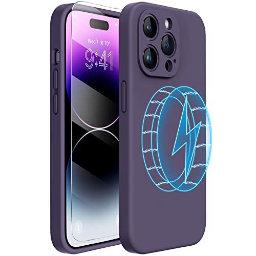 Miracase Kompatibel mit iPhone 14 Pro Hülle (6,1 Zoll) mit Display Schutz Folie, [Verbesserter Kamerasschutz], Stoßfeste Flüssig Silikon handyhülle (Violett Magnetisch) von Miracase