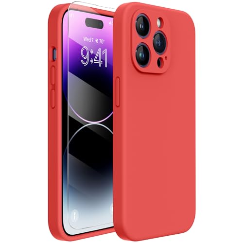 Miracase Kompatibel mit iPhone 14 Pro Hülle (6,1 Zoll) mit Displayschutzfolie, [Verbesserter Kamerasschutz], Stoßfeste Flüssigsilikonhülle mit weichem mikrofasergefüttertem Anti-Kratz-Futter(Rot) von Miracase