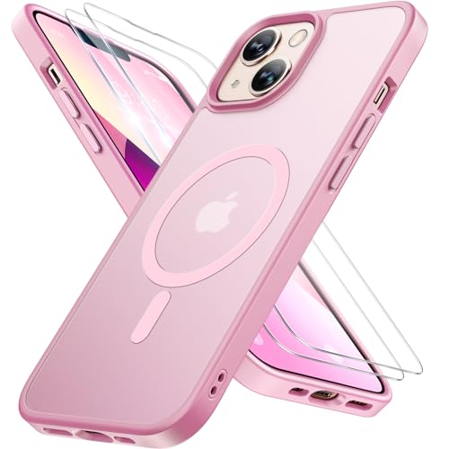 Miracase Magnetisch für iPhone 13 Hülle für Magsafe[mit 2 Schutzglas] Militärschutz Stoßfest Kratzfest Anti-Fingerabdruck Samtige Haptik Dünn Handyhülle für iPhone 13 6,1 Zoll, Rosa von Miracase