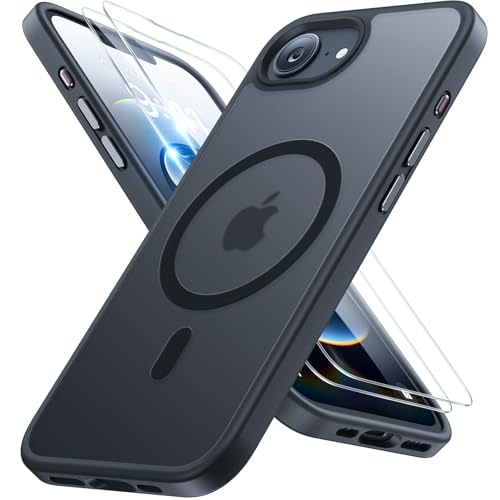Miracase Magnetisch für iPhone 16e Hülle für Magsafe[mit 2 Schutzglas] Militärschutz Stoßfest Kratzfest Anti-Fingerabdruck Samtige Haptik Dünn Handyhülle für iPhone 16e 6,1 Zoll, Schwarz von Miracase
