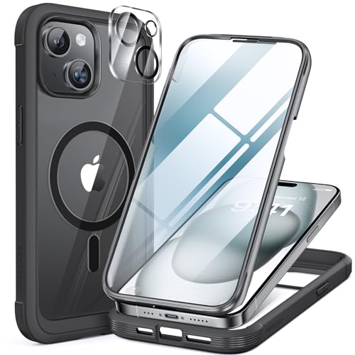 Miracase Magnetische Hülle für iPhone 15 Hülle 6,1 Zoll, Full Body Bumper Clear Back Cover Kompatibel mit Magsafe und eingebautem 9H Hartglas Displayschutzfolie + Kameraobjektivschutz (Schwarz) von Miracase