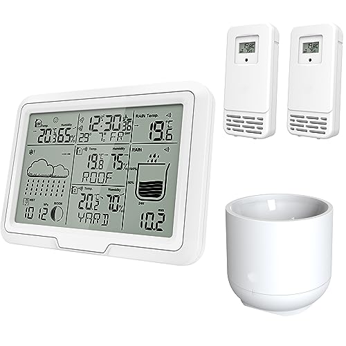 Miraval Design Funk-Wetterstation mit 2 benennbaren Sensoren + Regenmesser Mondphasenanzeige Luftfeuchtigkeit Temperaturanzeige Alarm (Weiß) von Miraval