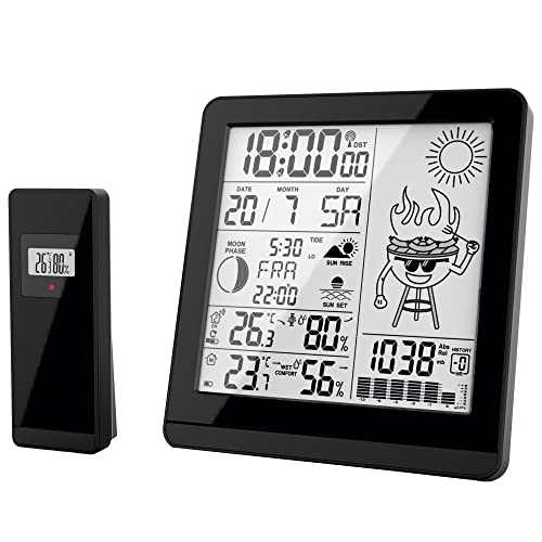 Miraval Funk-Wetterstation: Hygro- & Thermometer innen/außen, Barometer mit BBQ-Motiv, Uhrzeit- und Datumsanzeige, Sonnenauf- & Untergang, Mondphase, 2 Alarme, 8 Sprachen einstellbar von Miraval