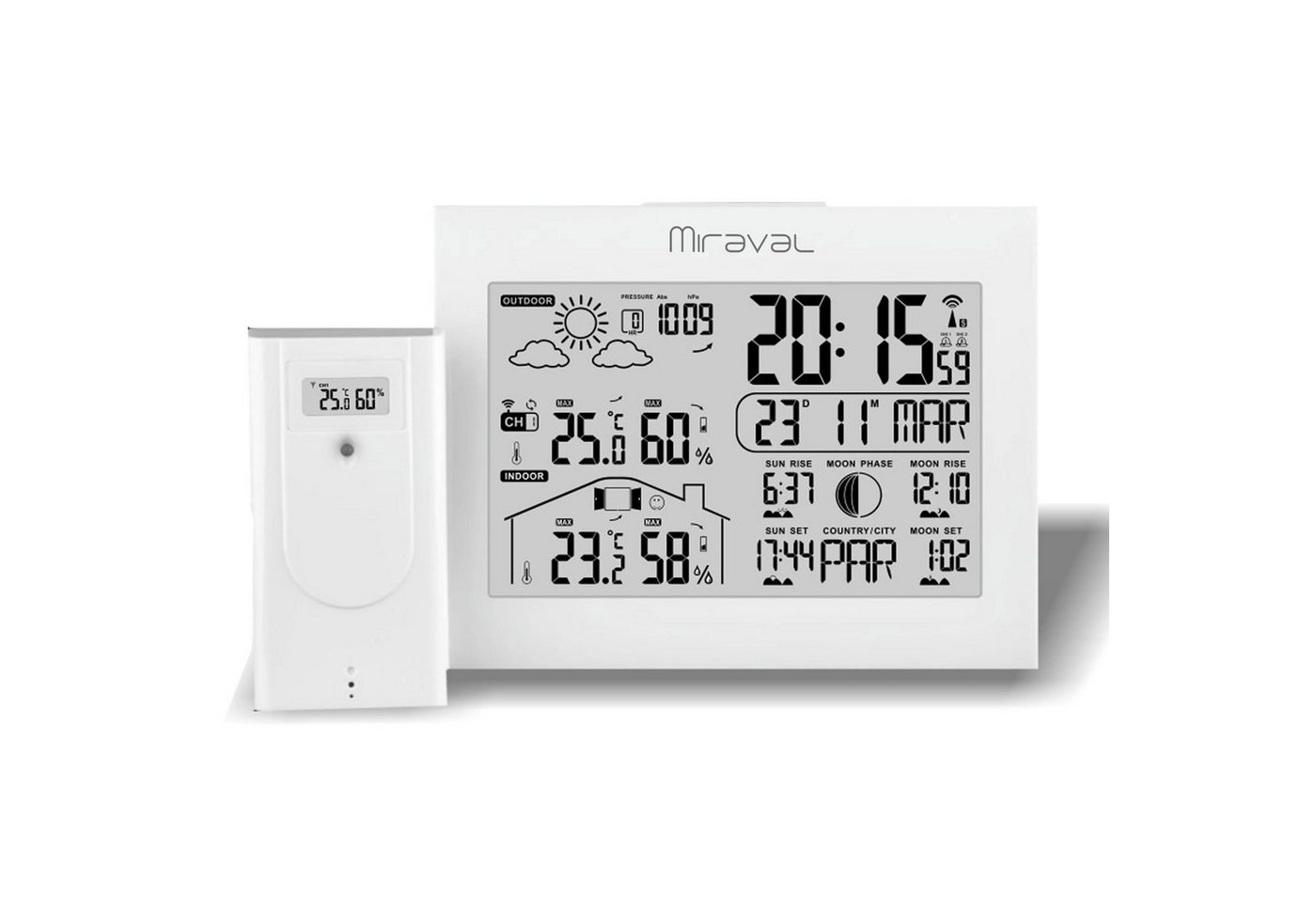 Miraval LCD Funk-Wetterstation mit Außensenor Funkwetterstation (Temperaturanzeige Datumsanzeige Alarm Displaybeleuchtung Hygrometer) von Miraval