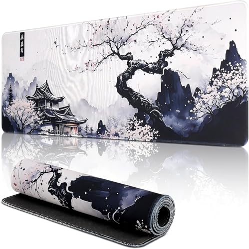 Mis.Moon Japanische Weiße Mauspad, Mauspad XXL Gaming, Große Kirschblüte Schreibtisch Matte, Anime Gaming Tastatur Matte, Rutschfeste Gummibasis, Großer Erweiterter Schreibtisch Schutz Für Home Office von Mis.Moon