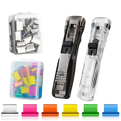 MisFun 2 Stück Clam Clip Dispenser, Verschluss Clips Hefter Clip Dispenser mit 100 Stück Clam Clip, Klammernspender Tragbarer Fast Clam Clip Spender Geeignet für Büro Home Schulbedarf Push Hefter von MisFun