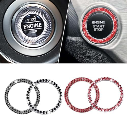 MisFun 4 Stück Motor Startknopf Abdeckung, Auto Motor Start Stop Button Ring, Universal Auto Kristall Strass Motor Starter Dekoration Ring, Auto Startknopf Dekorationsring Autoinnenraum(Schwarz Rot) von MisFun