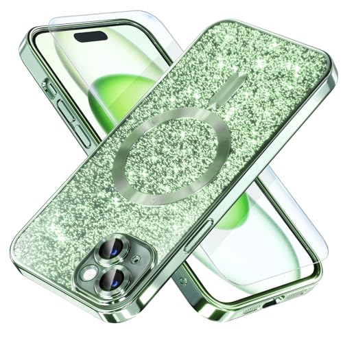 Misea Magnetische Schutzhülle für iPhone 15 Plus, kompatibel mit MagSafe [Fallschutz in Militärqualität], Vollkamera-Objektivschutz, Plating Glitzer, weiche Handyhülle für Frauen und Mädchen, Grün von Misea