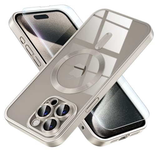 Misea Magnetische Schutzhülle für iPhone 15 Pro Max [Vergilbung] [Fallschutz in Militärqualität] Vollkamera-Objektivschutz weiche klare Handyhülle für Frauen Mädchen Titan Natur von Misea