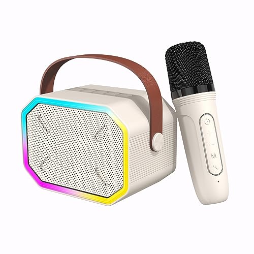 Misilmp Karaoke Maschine für Kinder, Bluetooth-Lautsprecher Karaoke mit Kabellosem Mikrofon Musik-Player LED-Lichtern und Spielzeug mit Stimmwechseleffekt Geschenke für Mädchen und Jungen (Beige) von Misilmp