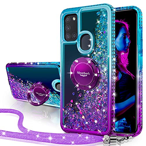 Miss Arts für Galaxy A21S Hülle,[Silverback] Mädchen Glitzern Handyhülle Hülle mit Ringständer, Cover Silikon Flüssigkeit Clear Schutzhülle für Samsung Galaxy A21S -LILA von Miss Arts