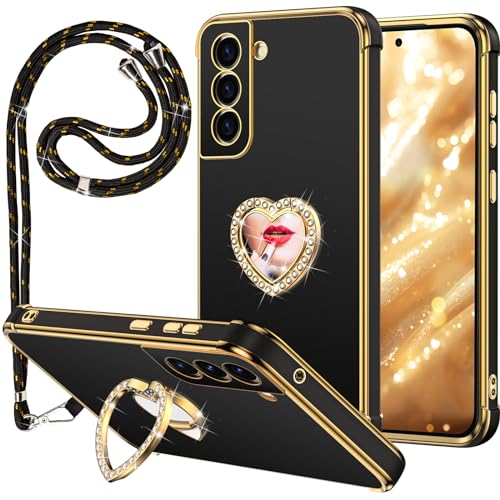 Miss Arts für Samsung Galaxy S22 Hülle, S22 Hülle mit Handykette, Frauen Mädchen Handyhülle mit Ring 360° Drehbarer Ständer, TPU Schutzhülle für Samsung Galaxy S22 Case, Schwarz von Miss Arts